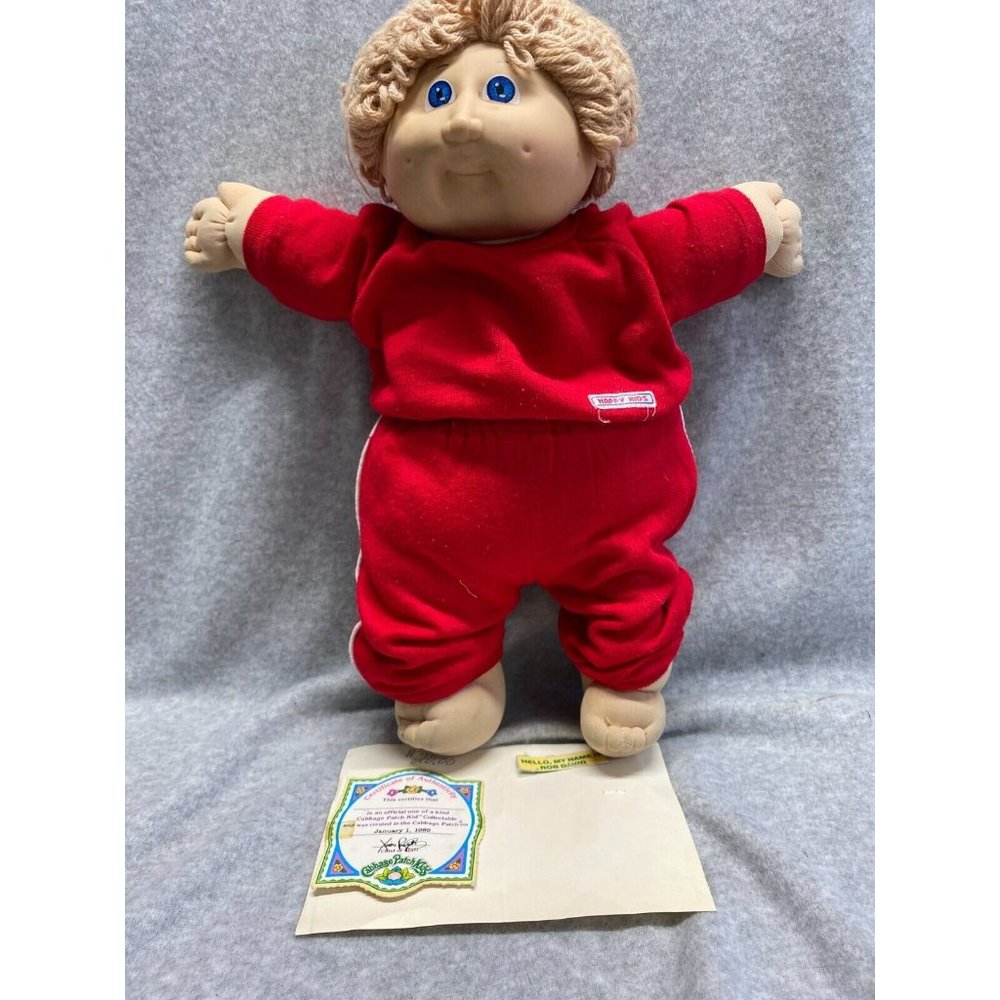 1985 Cabbage Patch Kid Boy Doll Curly Blonde Blue Eyes Rob David w/Birth Certif